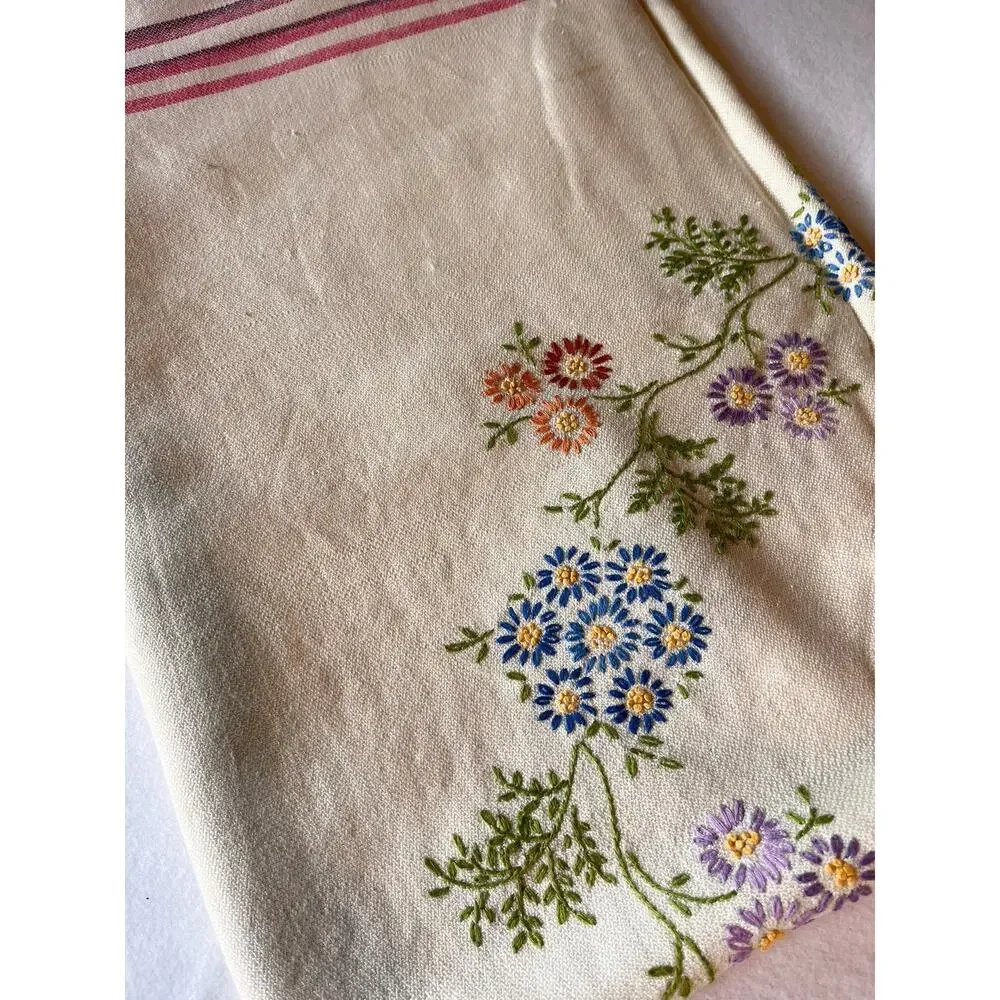 Vintage Red Striped Tablecloth with Embroidered Floral Center Motif